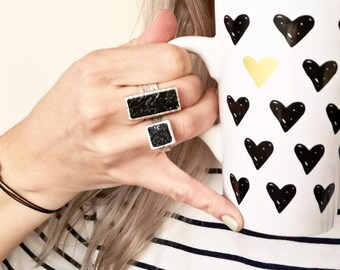 Geometric Black Tourmaline Cocktail Ring, Adjustable Silver Plated Statement Ring