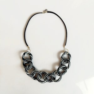 Black and White Swirl Chain Necklace, Chunky Link Necklace on Leather, Iris Apfel Jewelry