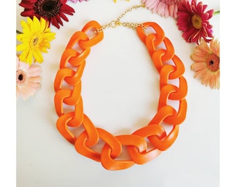 Orange Chain Link Necklace, Oversized Statement Necklace, Orange Necklace, Fashion Necklace Gift for Her