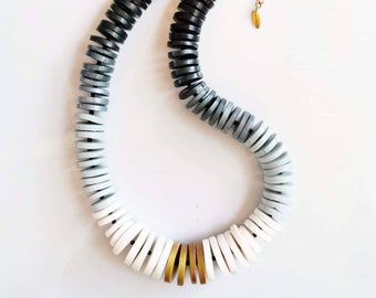 Chunky Statement Necklace, Black and White polymer Necklace, Modern Ombre Bib Necklace, Chunky Necklace