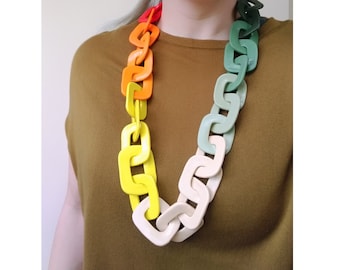 Long Ombre Chain Link Necklace, Oversized Statement Necklace in Orange, Yellow, Tan, Green