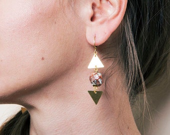 Ocean Jasper Earrings, Bohemian Gemstone Earrings, Orbicular Jasper Triangle Earrings