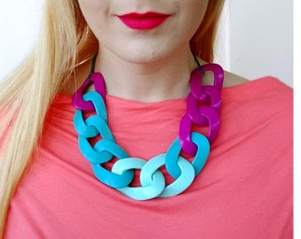 Teal Purple Statement Necklace, Oversized Chain Link Necklace, Summer Necklace