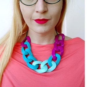 Teal Purple Statement Necklace, Oversized Chain Link Necklace, Summer Necklace