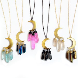 Celestial Crescent Crystal Necklace, Gold Moon Necklace, Long Quartz Necklace