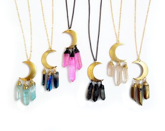Gold Crescent Moon Necklace: Raw Quartz Crystal Point Pendant