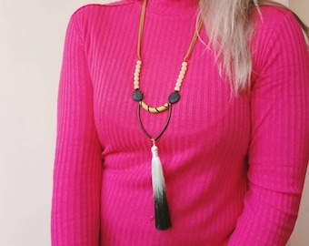 Green Yellow Beaded Tassel Necklace, Lava and Jade Long Statement Necklace