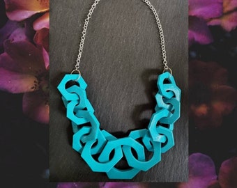 Teal Blue Chunky Link Necklace, Hexagon Geometric Statement Necklace