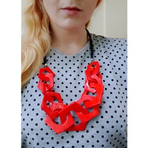 Chunky Red Necklace, Geometric Link Necklace, Statement Necklace, Hexagon Necklace