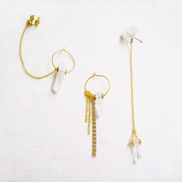 Gouden oor manchet Earring, ketting Earcuff Earring, Crystal Quartz Oorbellen, Boho Earcuff Earring