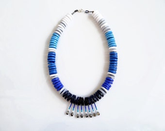 Nautical Blue Statement Necklace, Navy Blue Stripe Bib Necklace, Modern Chunky Necklace Statement