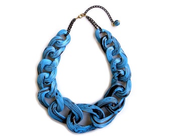 Statement Chain Link Necklace, Faux Turquoise Polymer Clay Necklace, Bright Blue Necklace