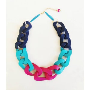 Bright Chunky Statement Necklace, Blue Pink Chain Necklace, Colorful Color Block Polymer Clay Necklace image 8