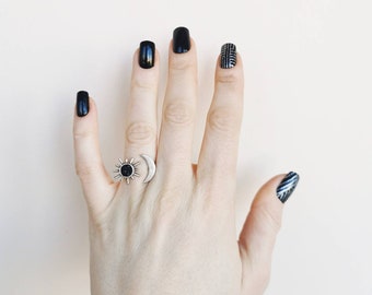 Sun Moon Black Tourmaline Ring: Celestial Crescent Adjustable Band