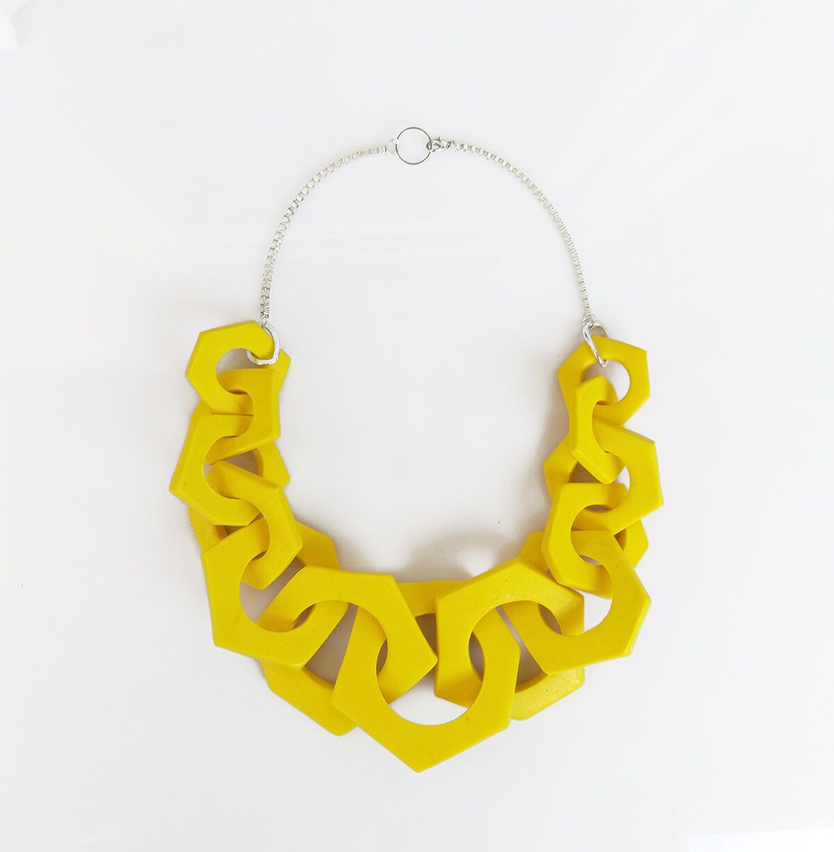 Yellow Chunky Necklace, Link Necklace, Geometric Statement Necklace, …