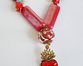 Sacro Cuore Milagro Necklace, Red Sacred Heart Beaded Pendant Necklace, Ceramic beads long necklace