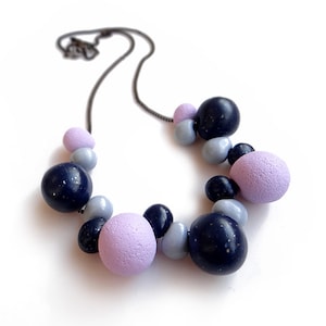Blue Purple Polymer Necklace, Bubble Statement Necklace, Modern Everyday Necklace, Beaded Clay Necklace