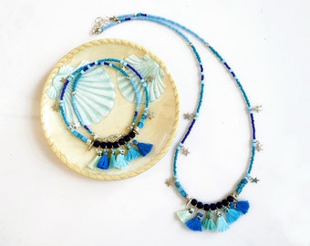 Collar con borlas de cuentas: joyería con dije de estrella bohemia de turquesa azul