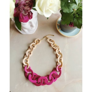 Fuchsia Pink and Beige Bi Color Chunky Link Necklace