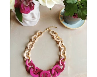 Fuchsia Pink and Beige Bi Color Chunky Link Necklace