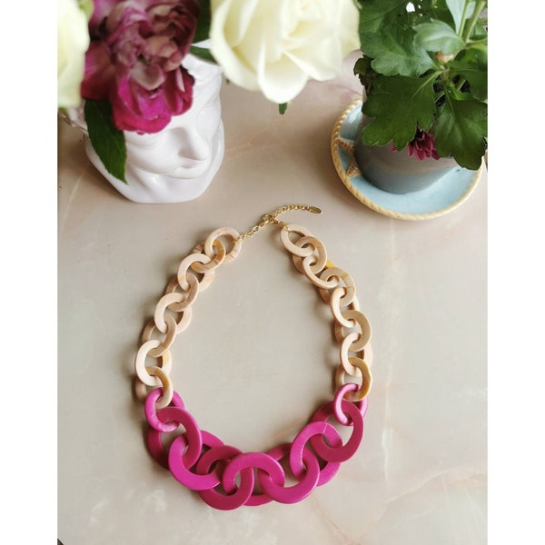 Fuchsia Rose et Beige Bi Color Chunky Link Collier