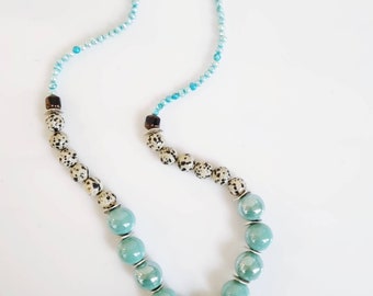 Teal Blue Silver Beaded Necklace with Dalmatian Jasper, pearls and ceramic beads