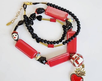 Dia De Los Muertos Milagro Necklace, Sacred Heart  Ceramic Bead Pendant Necklace, Long statement necklace