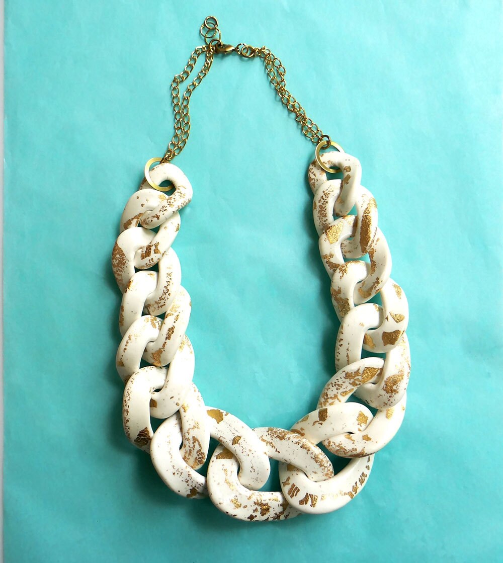 White Chunky Chain Necklace With Gold Specks Oversized Chunky Etsy