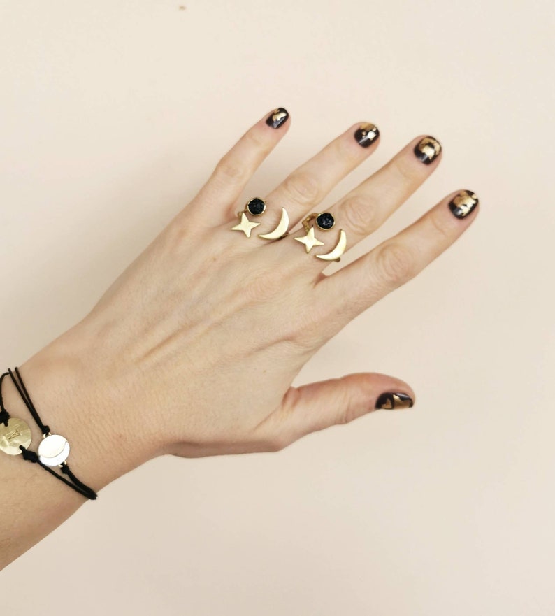 Black Tourmaline Celestial Ring: Adjustable Sun Moon Star Jewelry image 3