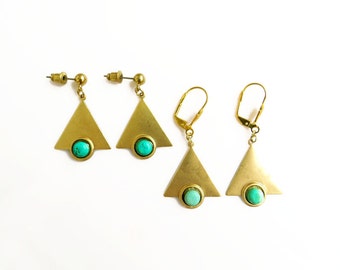 Turquoise Triangle Dangle Earrings, Boho Geometric Earrings, Genuine Turquoise Jewelry