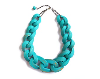 Teal Chain Link Necklace, Blue Gold Chunky Necklace, Statement jewelry