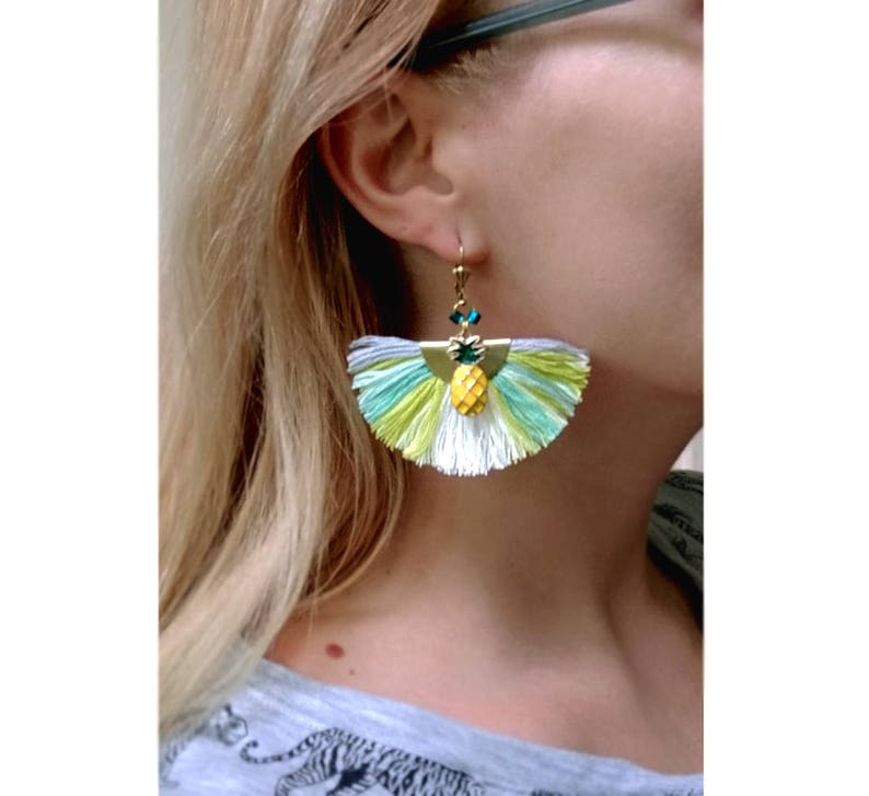 Pineapple Tassel Earrings, Fruit Earrings, Tropical Earrings, Trending Summer Jewelry, Mint Yellow Earrings image 3