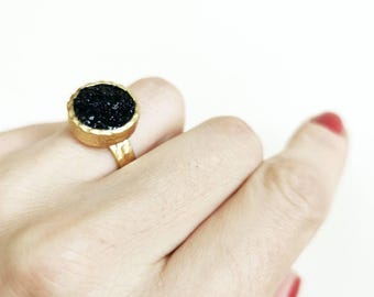 Black Tourmaline Ring, Raw Crushed Stone Adjustable Ring, Mineral Jewelry