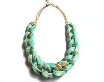 Mint Gold Statement Necklace, Oversized Chunky Chain Link Necklace, Mint Statement Necklace