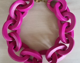 Huge Fuchsia Bottega Chain Necklace, Gigantic Oversized Magenta Pink Huge Chain Link Necklace, Polymer Clay Statement Necklace