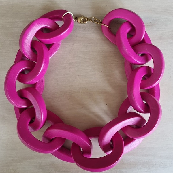 Huge Fuchsia Bottega Chain Necklace, Gigantic Oversized Magenta Pink Huge Chain Link Necklace, Polymer Clay Statement Necklace