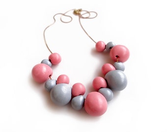 Pink Grey Statement Necklace, Short Polymer Bib Necklace