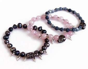 Beaded Skull Gemstone Pearl Bracelet, Unisex Stretchy Bracelet,Rose Quartz