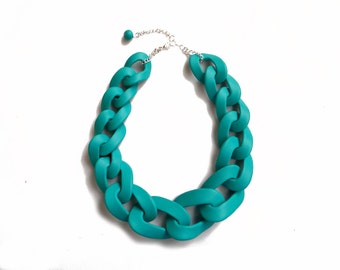 Blue Oversized Chain Necklace, Teal Chain Link Statement Necklace, Big Chain Link Necklace