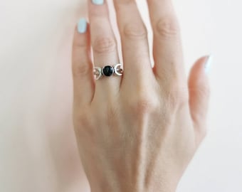 Moon and Planet Black Tourmaline Ring, Double Moon Ring, Celestial Eclipse Crescent Stone Ring, Mineral Jewelry