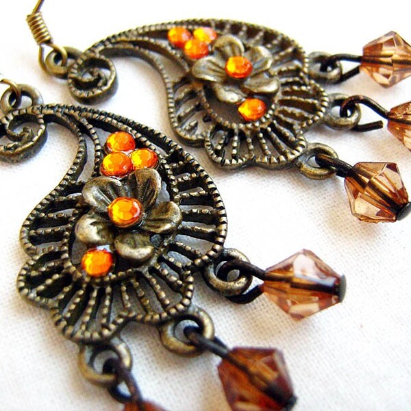 Swirling paisley flower earrings -  antiqued bronze, rhinestones, beads