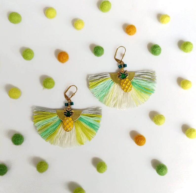 Pineapple Tassel Earrings, Fruit Earrings, Tropical Earrings, Trending Summer Jewelry, Mint Yellow Earrings image 6