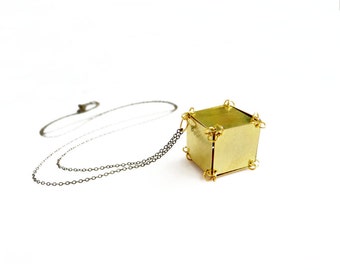 Cube Necklace, Gold Cube Necklace, Mens Necklace, Geometric Unisex Jewelry, Industrial Necklace