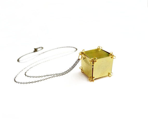 Raw Brass Cube Necklace: Geometric Industrial Unisex Jewelry