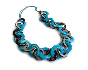 Chain Statement Necklace, Chunky Necklace in Teal and Brown, Oversized Chain Link