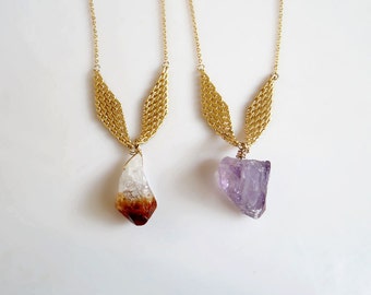 RAW Amethyst Halskette, rohe Citrin Halskette, Birthstone Schmuck, Kristall Edelstein Halskette,