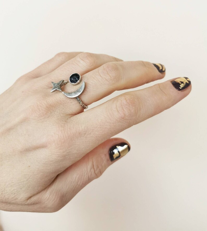 Black Tourmaline Celestial Ring: Adjustable Sun Moon Star Jewelry image 5