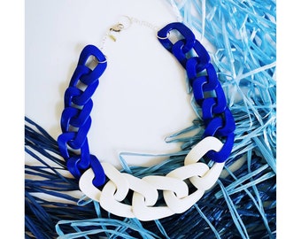 White Blue Chain Link Necklace, Nautical Chunky Statement Necklace, Two color necklace