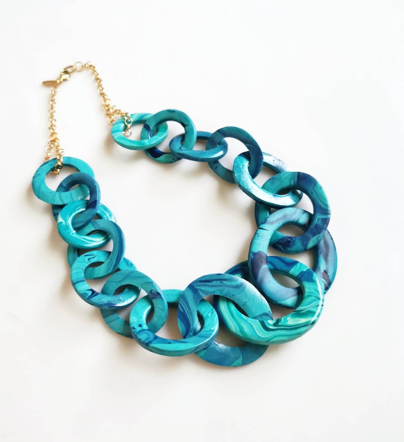 Teal Blue Chunky Link Statement Necklace, Swirly Aqua Blue collier, Iris Apfel Jewelry image 4