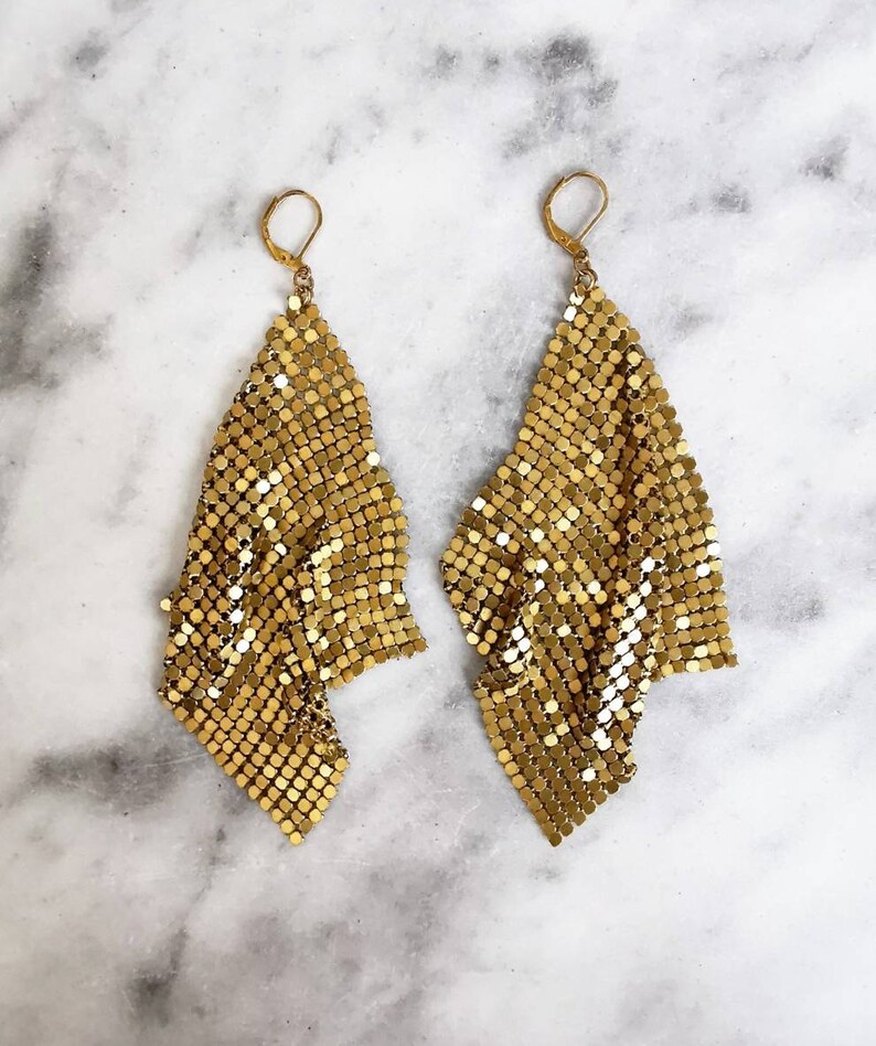 Brass Mesh Statement Earrings, Liquid Metal Party Disco Earrings, Clip on Earrings image 1